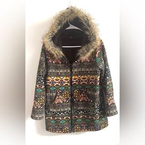 Old School Women Boho Tribal Print Jacket L Hooded Fleece Lined Faux Fur Zip Up
